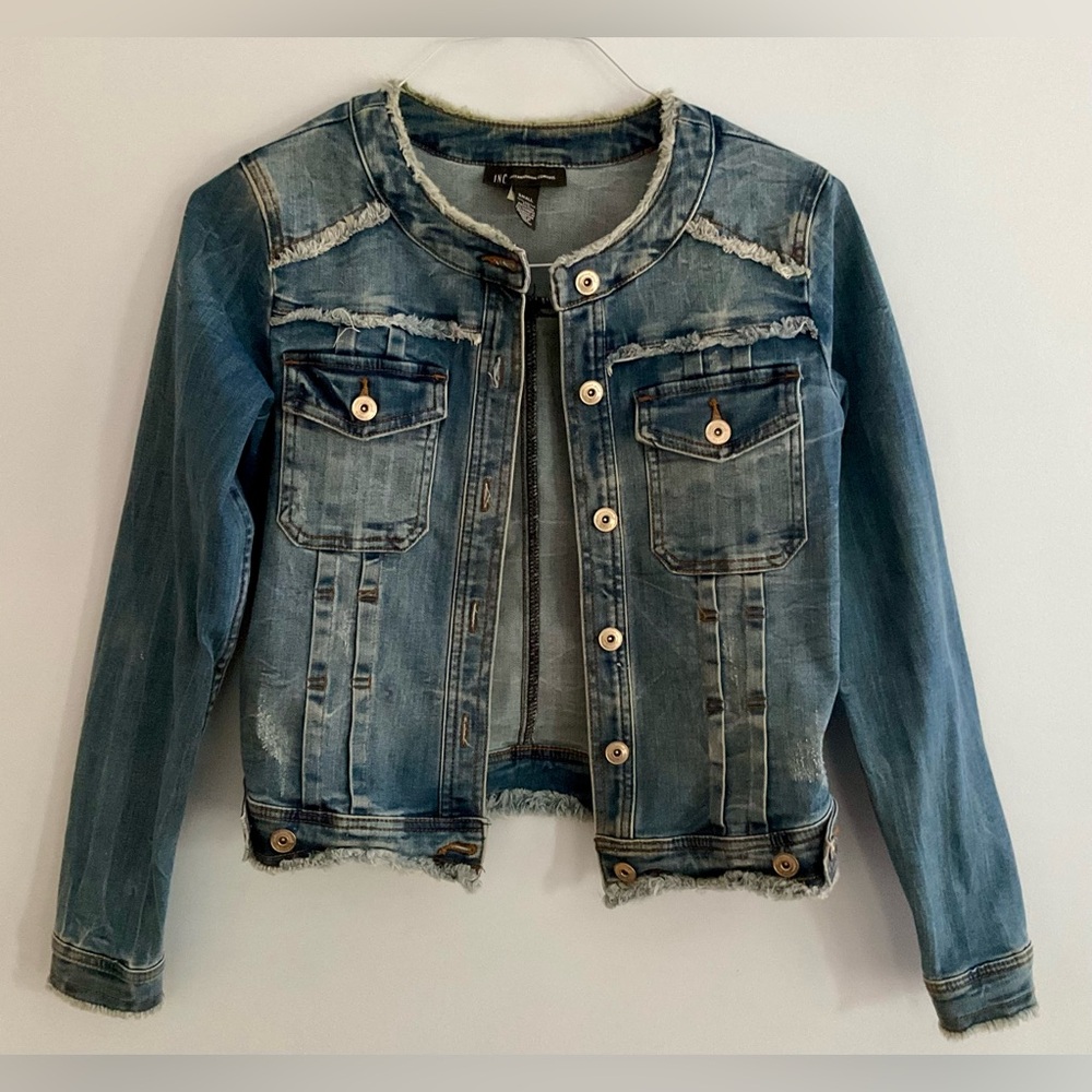 INC International Concepts Collarless Jean Jacket NWOT Hard to find